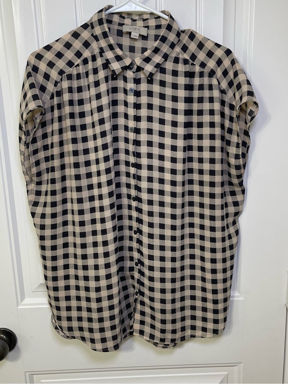 LOFT Black & Beige Cream Gingham Check Button Down Cap Sleeve Blouse Large Flowy